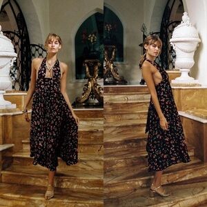 Vanessa Mooney Dress Venus Satin Floral Back-Tie Midi Summer Red Rose S NWT